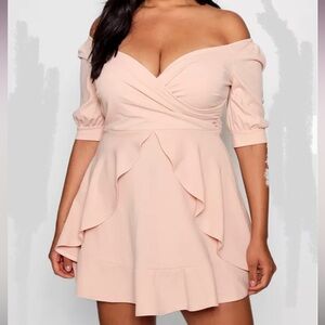 Womens Size 14 BOOHOO Theresa Ruffle faux wrap Skater Dress Blush Pink N…